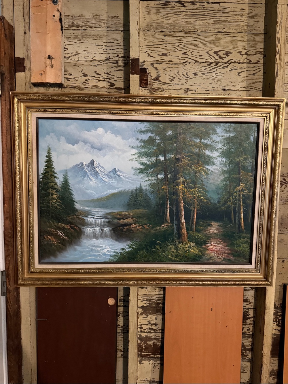 Vintage Framed Mountain Lake Landscape Art Print in Blue and Green